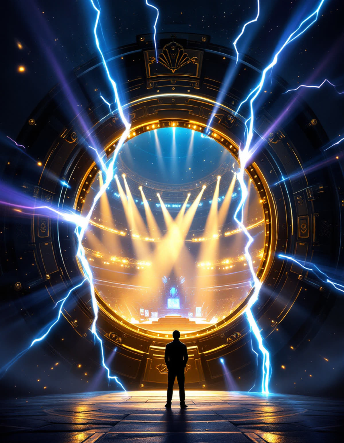 A colossal glowing vault door cracked open, the worlds of the arena spilling out